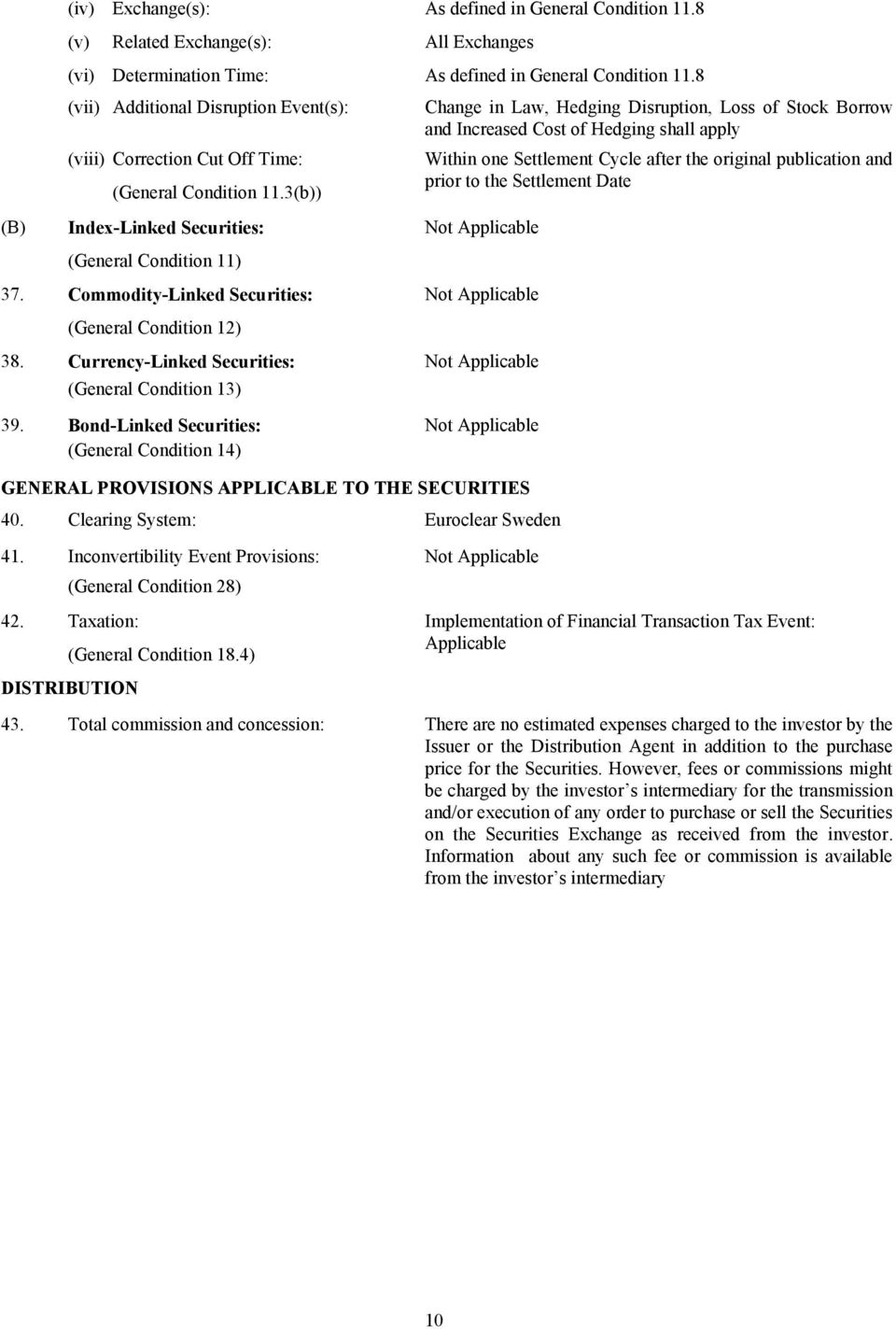 3(b)) Index-Linked Securities: (General Condition 11) Change in Law, Hedging Disruption, Loss of Stock Borrow and Increased Cost of Hedging shall apply Within one Settlement Cycle after the original