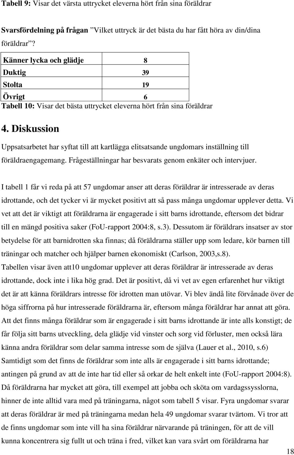 Diskussion Uppsatsarbetet har syftat till att kartlägga elitsatsande ungdomars inställning till föräldraengagemang. Frågeställningar har besvarats genom enkäter och intervjuer.