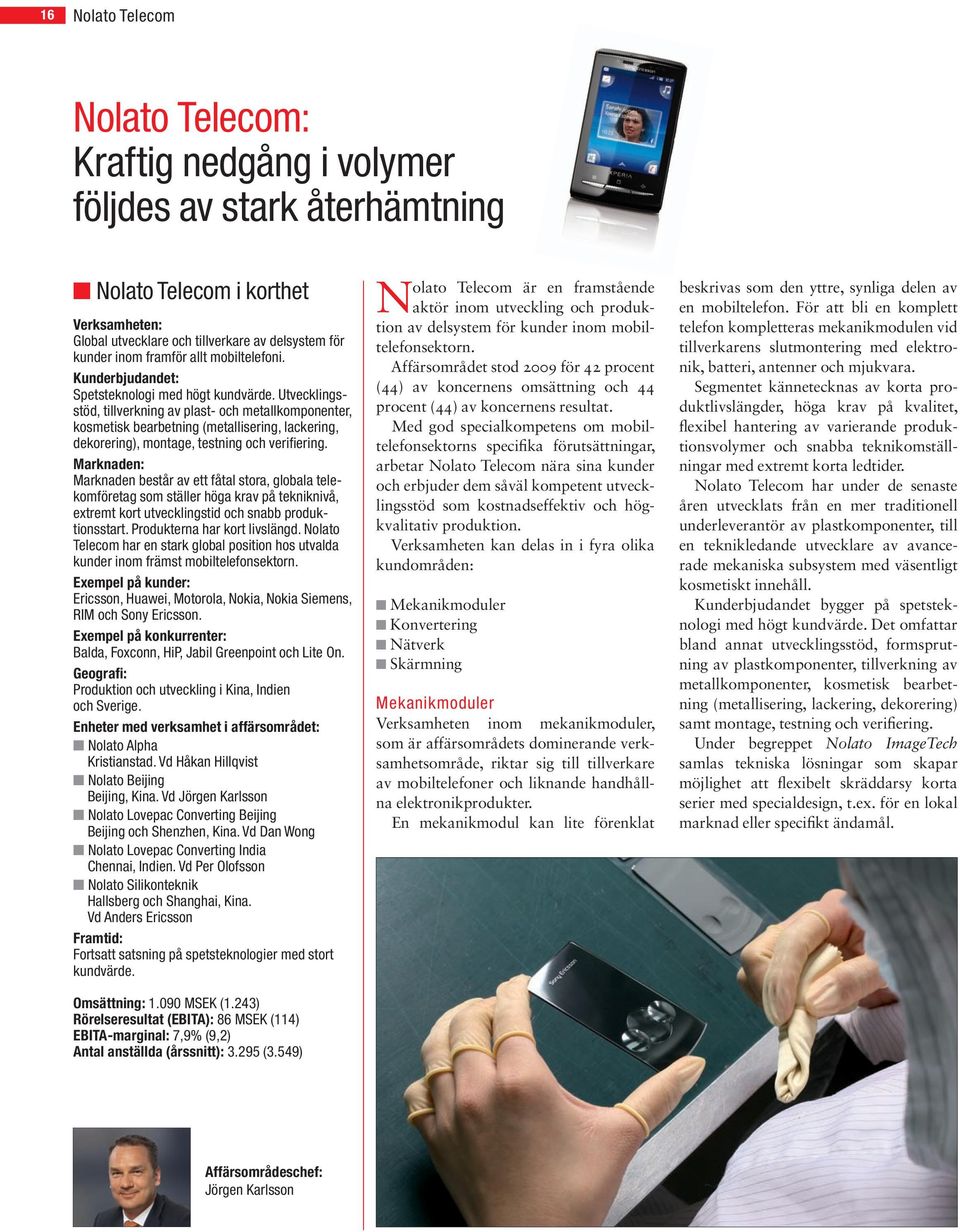 Utvecklingsstöd, tillverkning av plast- och metallkomponenter, kosmetisk bearbetning (metallisering, lackering, dekorering), montage, testning och verifiering.