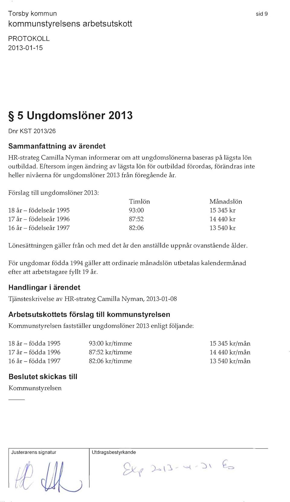 Förslag till ungdomslöner 2013: Timlön Månadslön 18 år födelseår 1995 93:00 15345 kr 17 år födelseår 1996 87:52 14440 kr 16 år födelseår 1997 82:06 13540 kr Lönesäth1ingen gäller från och med det år