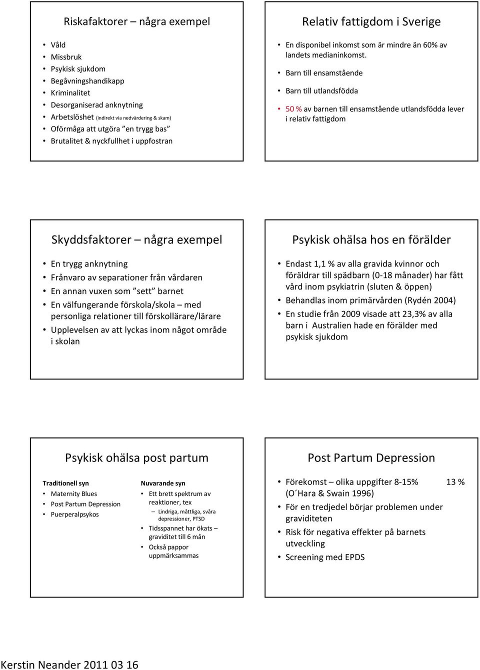 Barn till ensamstående Barn till utlandsfödda 50 %av barnen till ensamstående utlandsfödda lever i relativ fattigdom Skyddsfaktorer några exempel En trygg anknytning Frånvaro av separationer från