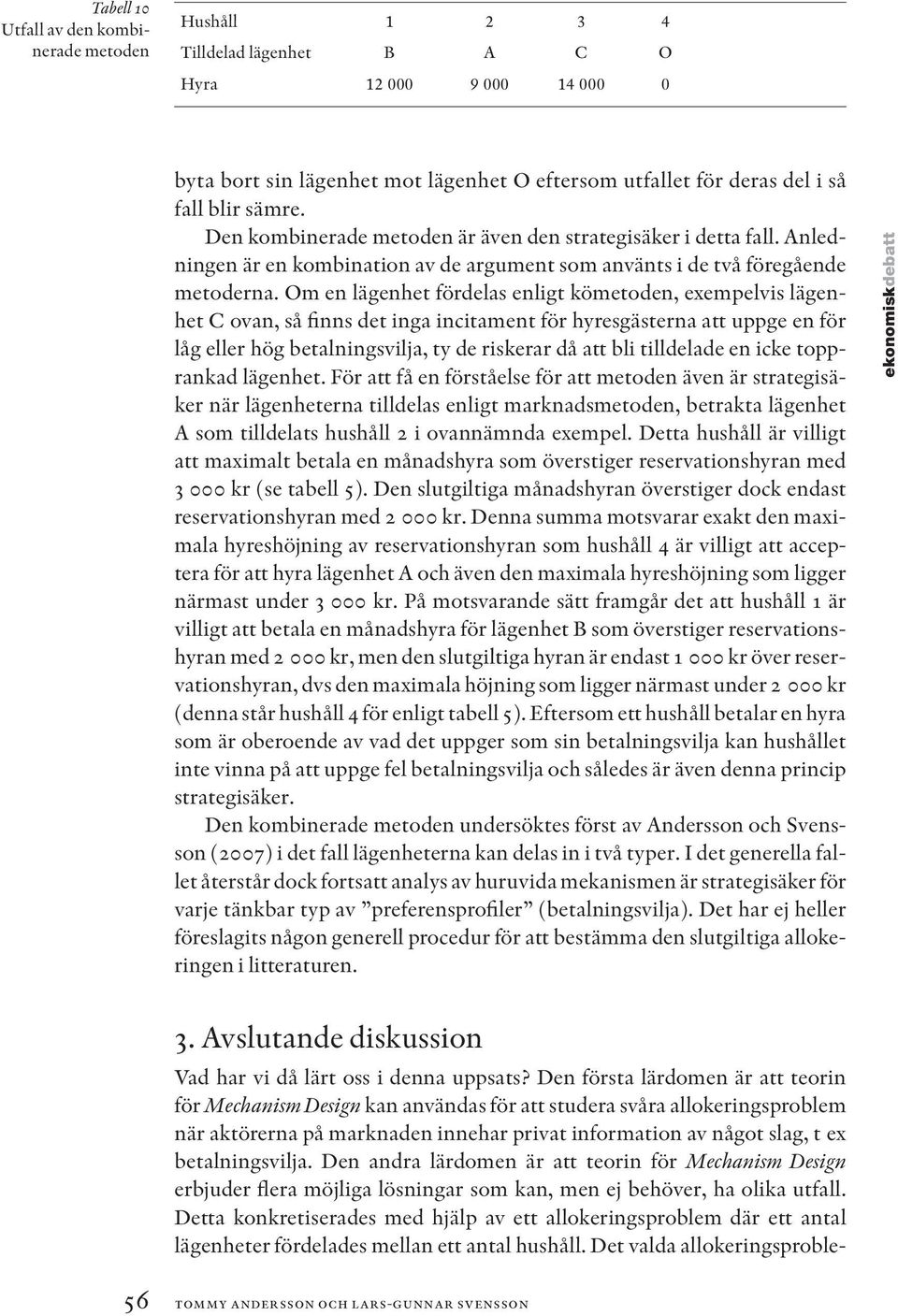 Om en lägenhet fördelas enligt kömetoden, exempelvis lägenhet C ovan, så finns det inga incitament för hyresgästerna att uppge en för låg eller hög betalningsvilja, ty de riskerar då att bli