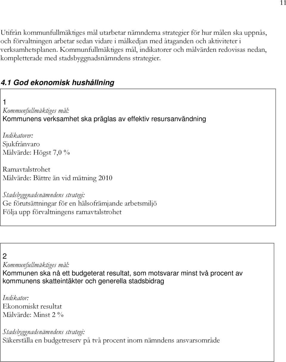 1 God ekonomisk hushållning 1 Kommunens verksamhet ska präglas av effektiv resursanvändning Indikatorer: Sjukfrånvaro Målvärde: Högst 7,0 % Ramavtalstrohet Målvärde: Bättre än vid mätning 2010 Ge