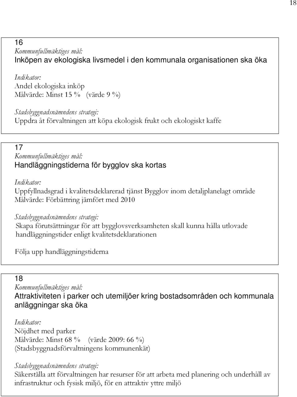 att bygglovsverksamheten skall kunna hålla utlovade handläggningstider enligt kvalitetsdeklarationen Följa upp handläggningstiderna 18 Attraktiviteten i parker och utemiljöer kring bostadsområden och