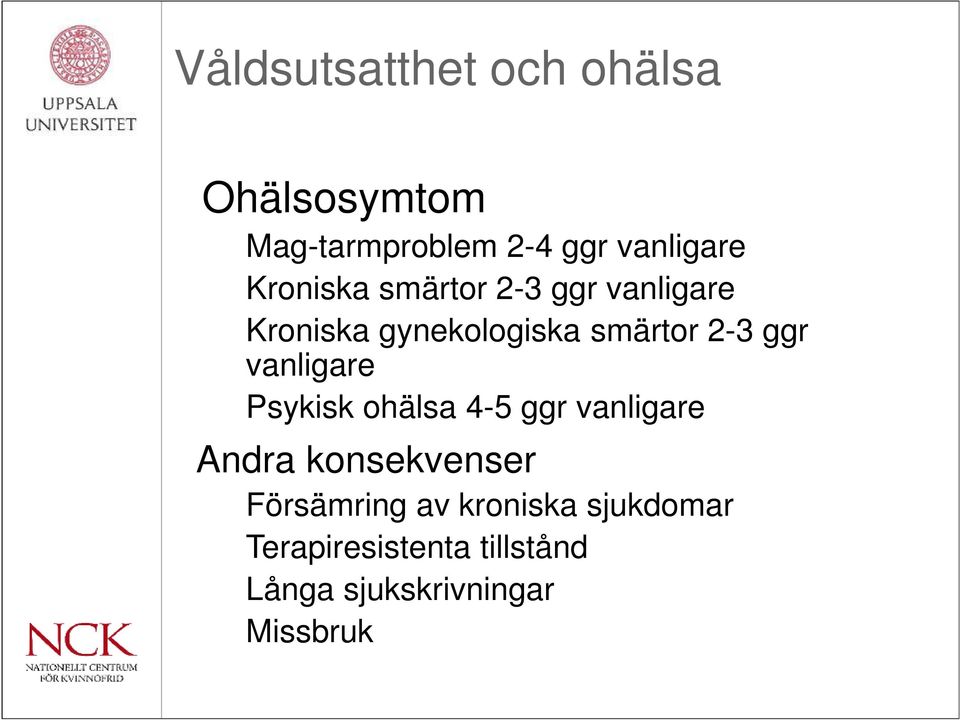 vanligare Psykisk ohälsa 4-5 ggr vanligare Andra konsekvenser Försämring