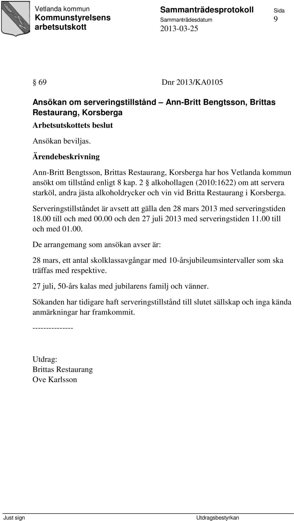 2 alkohollagen (2010:1622) om att servera starköl, andra jästa alkoholdrycker och vin vid Britta Restaurang i Korsberga.