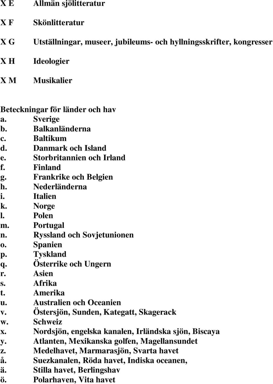 Ryssland och Sovjetunionen o. Spanien p. Tyskland q. Österrike och Ungern r. Asien s. Afrika t. Amerika u. Australien och Oceanien v. Östersjön, Sunden, Kategatt, Skagerack w. Schweiz x.