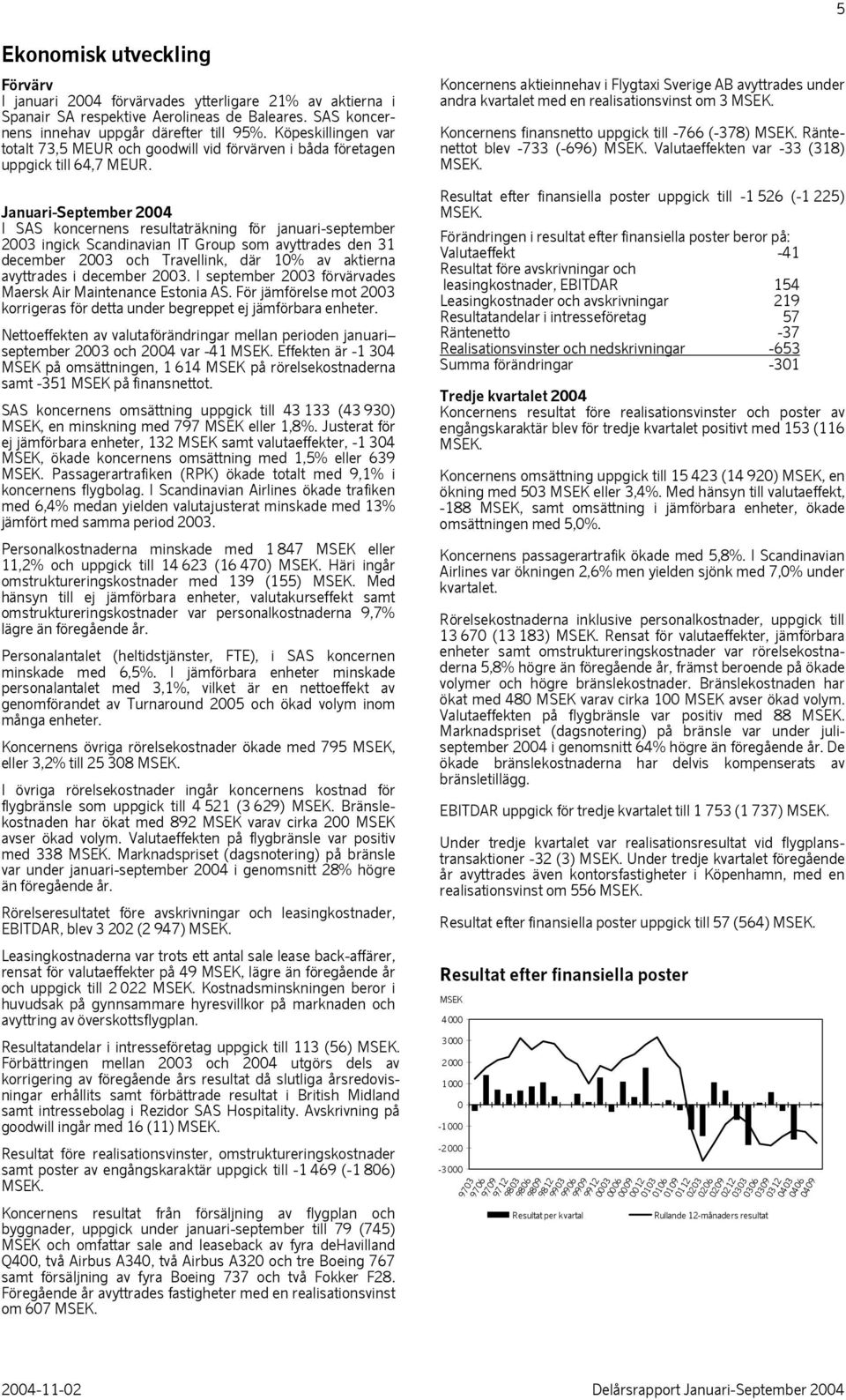 Januari-September 2004 I SAS koncernens resultaträkning för januari-september 2003 ingick Scandinavian IT Group som avyttrades den 31 december 2003 och Travellink, där 10% av aktierna avyttrades i