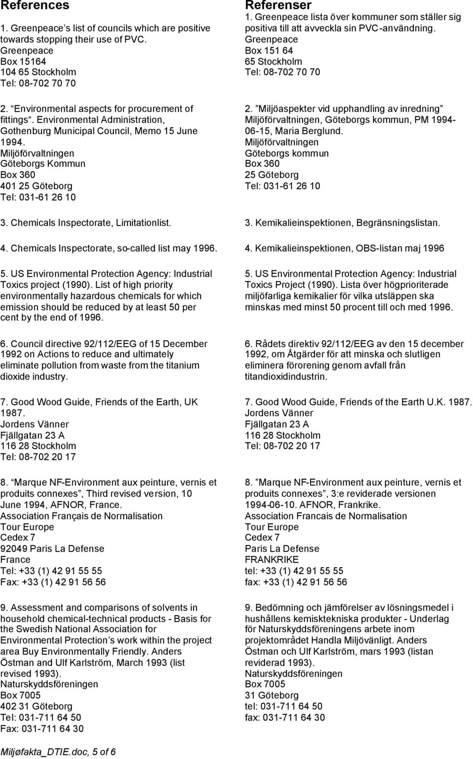 Miljöförvaltningen Göteborgs Kommun Bo 360 401 25 Göteborg Tel: 031-61 26 10 Referenser 1. Greenpeace lista över kommuner som ställer sig positiva till att avveckla sin PVC-användning.