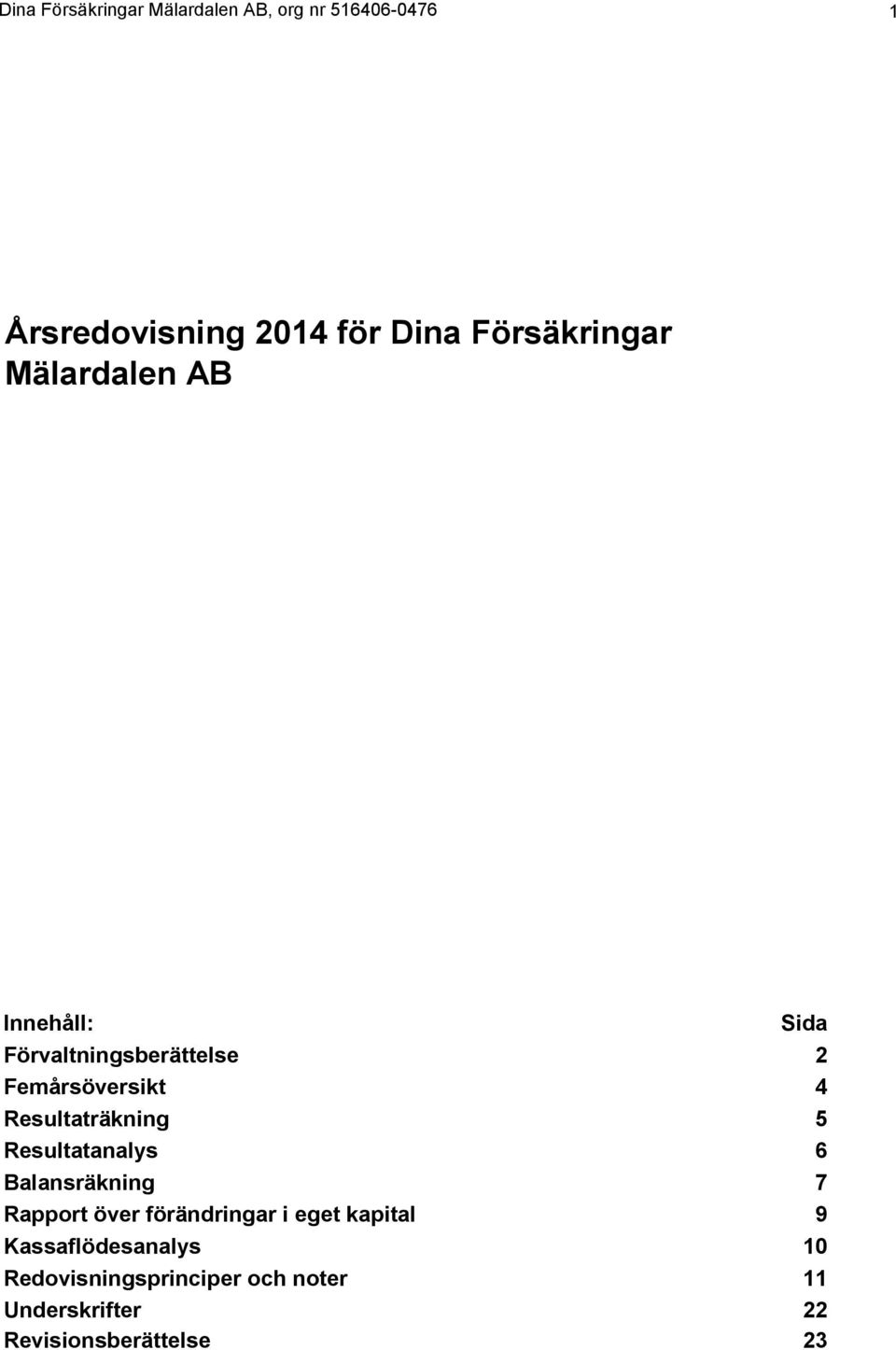 Resultaträkning 5 Resultatanalys 6 Balansräkning 7 Rapport över förändringar i eget