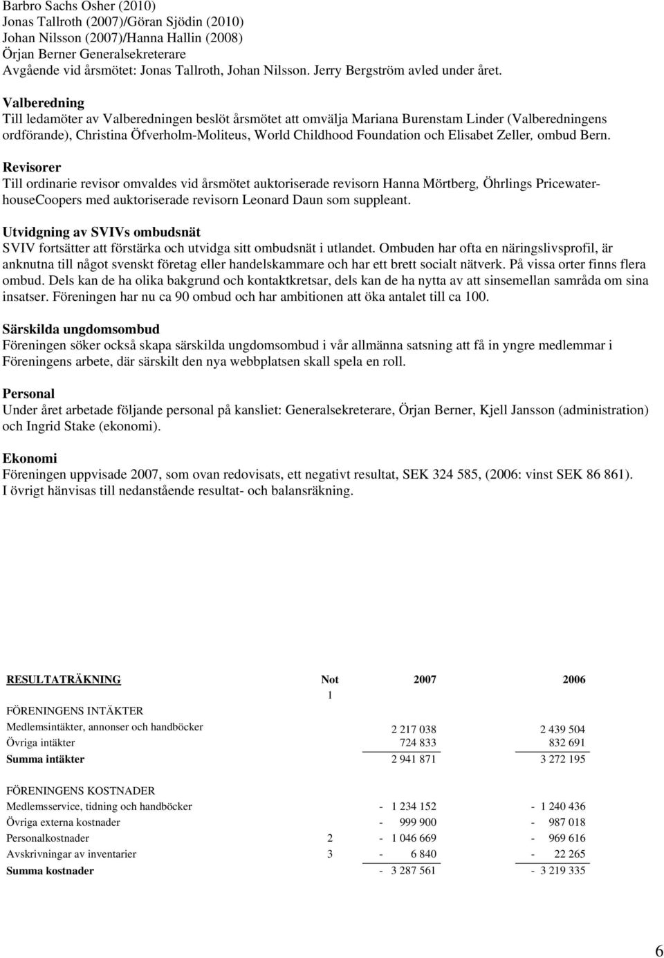 Valberedning Till ledamöter av Valberedningen beslöt årsmötet att omvälja Mariana Burenstam Linder (Valberedningens ordförande), Christina Öfverholm-Moliteus, World Childhood Foundation och Elisabet