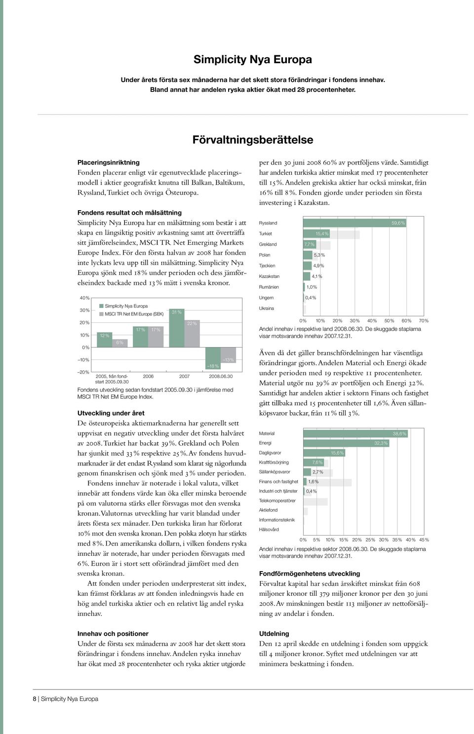 Fondens resultat och målsättning Simplicity Nya Europa har en målsättning som består i att skapa en långsiktig positiv avkastning samt att överträffa sitt jämförelseindex, MSCI TR Net Emerging