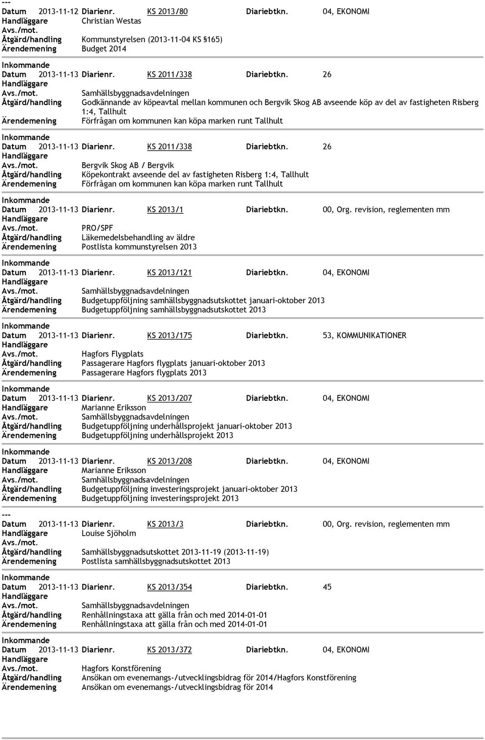 2013-11-13 Diarienr. KS 2011/338 Diariebtkn.
