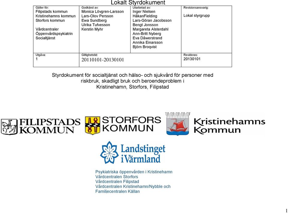 Dåwerstrand Annika Einarsson Björn Broqvist Revisionsansvarig: Lokal styrgrupp Revideras: 20130101 Styrdokument för socialtjänst och hälso- och sjukvård för personer med riskbruk, skadligt bruk och