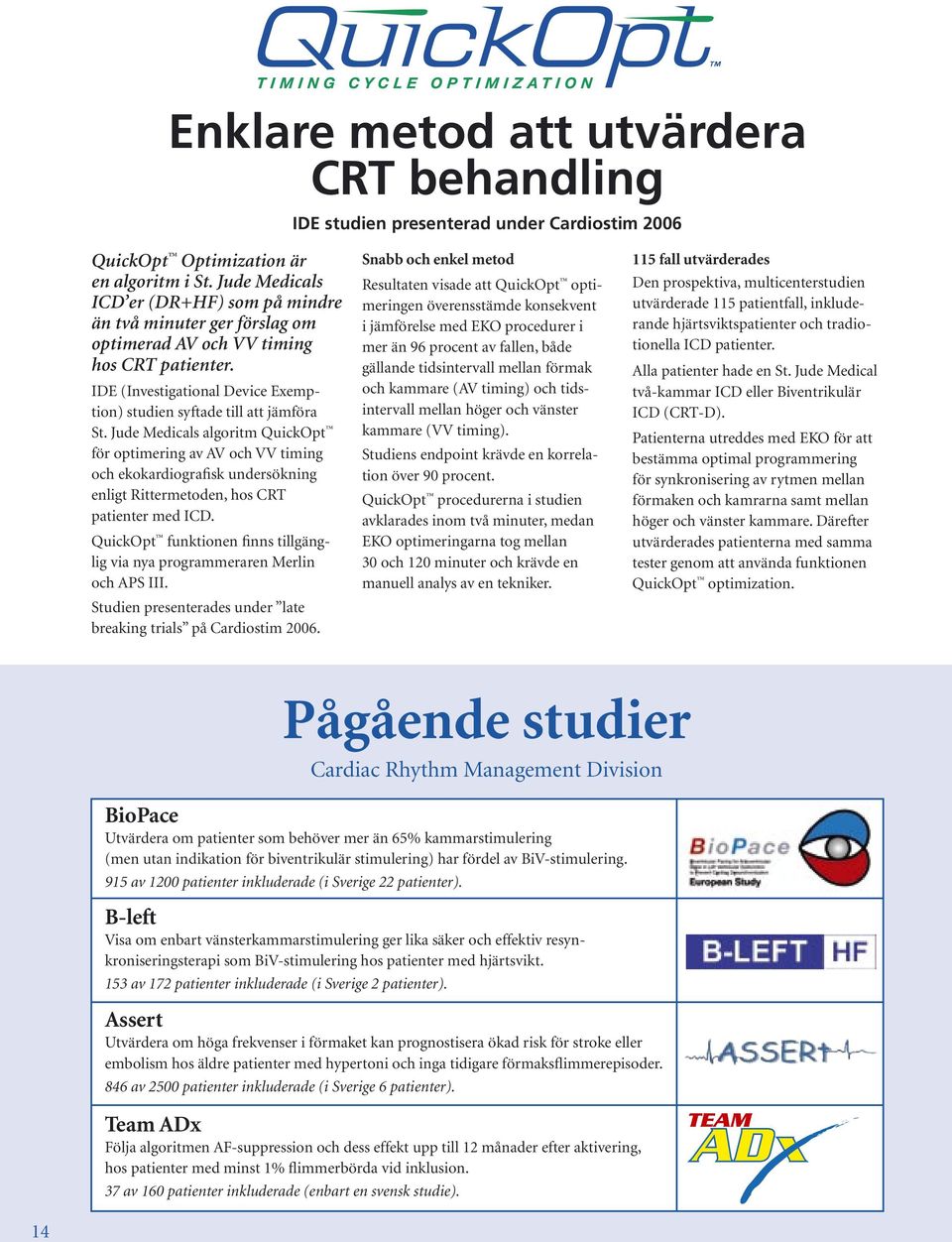 Jude Medicals algoritm QuickOpt för optimering av AV och VV timing och ekokardiografisk undersökning enligt Rittermetoden, hos CRT patienter med ICD.