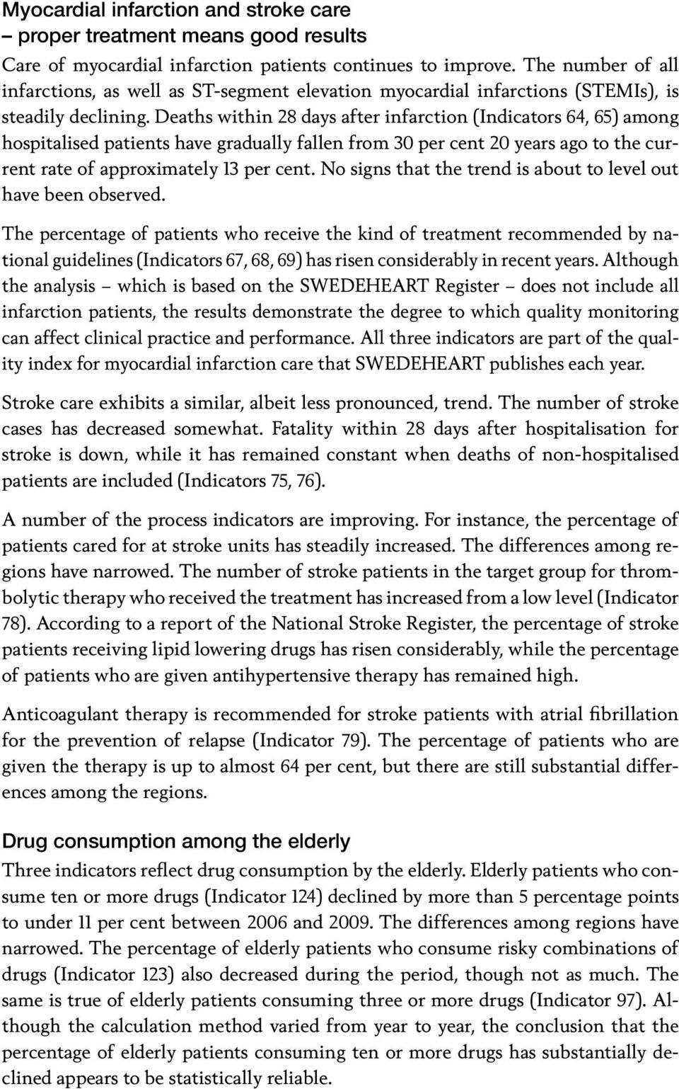 Deaths within 28 days after infarction (Indicators 64, 65) among hospitalised patients have gradually fallen from 30 per cent 20 years ago to the current rate of approximately 13 per cent.