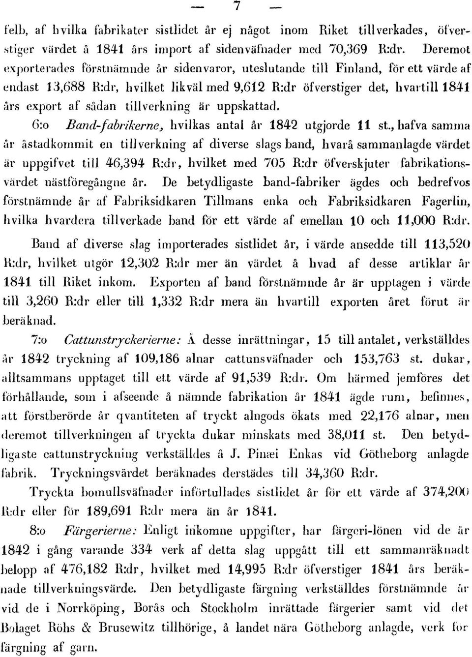 tillverkning är uppskattad. 6:o Band-fabrikerne, hvilkas antal år 1842 utgjorde 11 st.