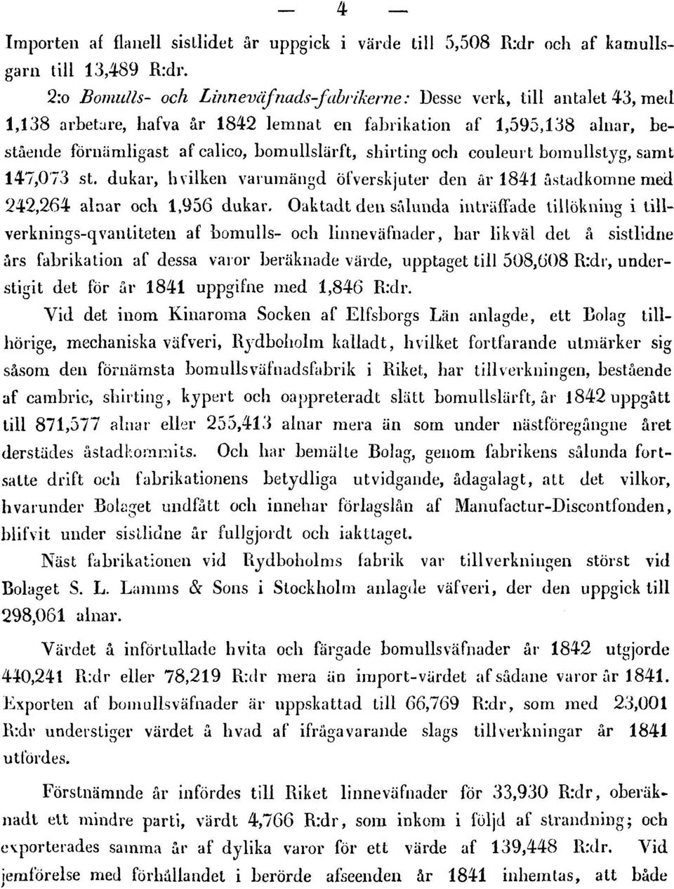 shirting och couleurt bomullstyg, samt 147,073 st. dukar, hvilken varumängd öfverskjuter den år 1841 åstadkomne med 242,264 alnar och 1,956 dukar.