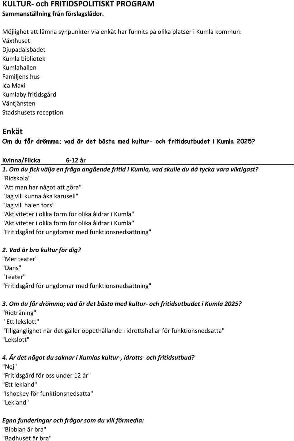 Stadshusets reception Enkät Om du får drömma; vad är det bästa med kultur- och fritidsutbudet i Kumla 2025?