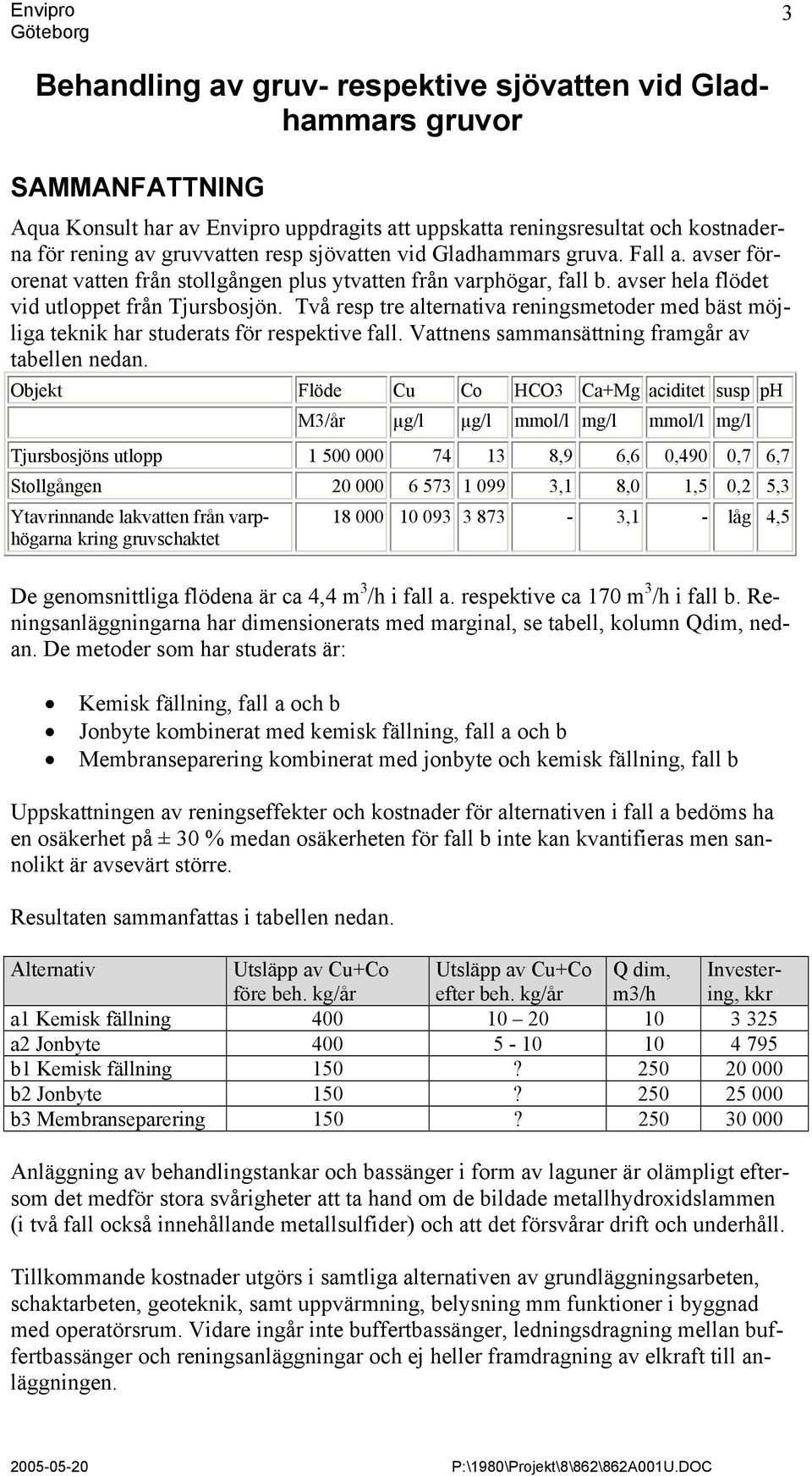 Två resp tre alternativa reningsmetoder med bäst möjliga teknik har studerats för respektive fall. Vattnens sammansättning framgår av tabellen nedan.