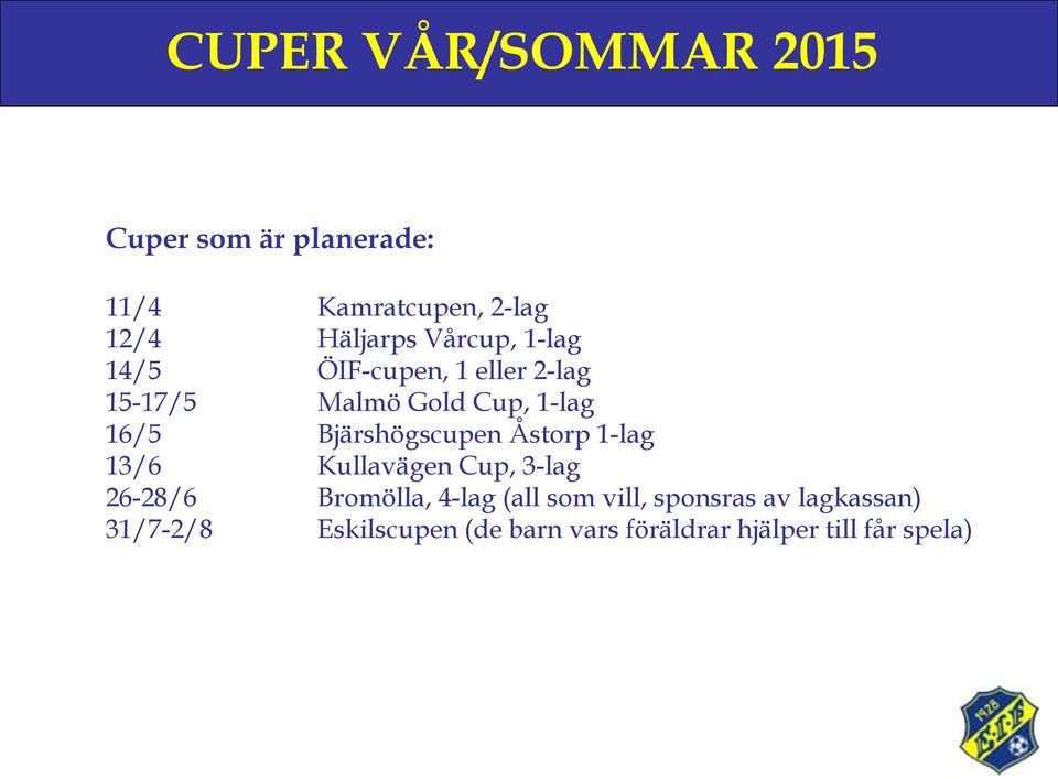 Bjärshögscupen Åstorp 1-lag 13/6 Kullavägen Cup, 3-lag 26-28/6 Bromölla, 4-lag (all