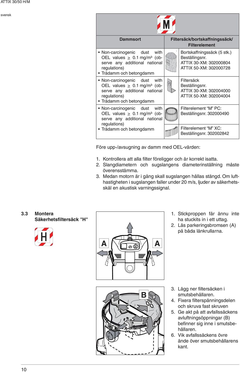 1 mg/m³ (observe any additional national regulations) Trädamm och betongdamm Filtersäck/bortskaffningssäck/ Filterelement Bortskaffningssäck (5 stk.) Beställingsnr.