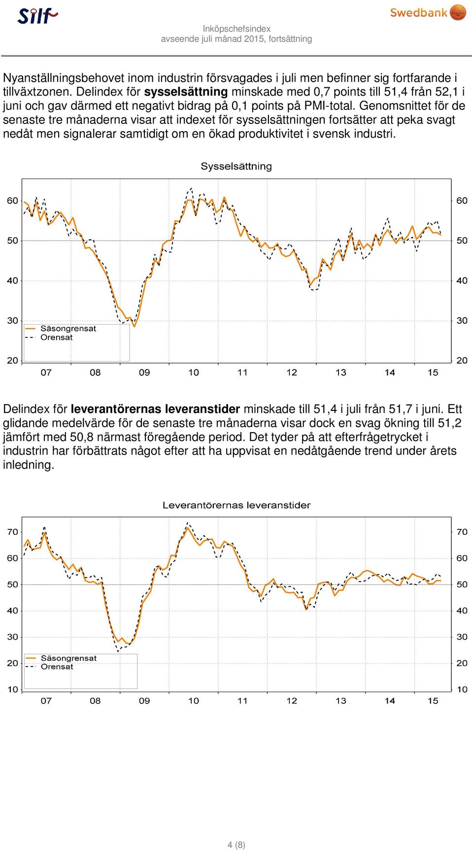 Genomsnittet för de senaste tre månaderna visar att indexet för sysselsättningen fortsätter att peka svagt nedåt men signalerar samtidigt om en ökad produktivitet i svensk industri.