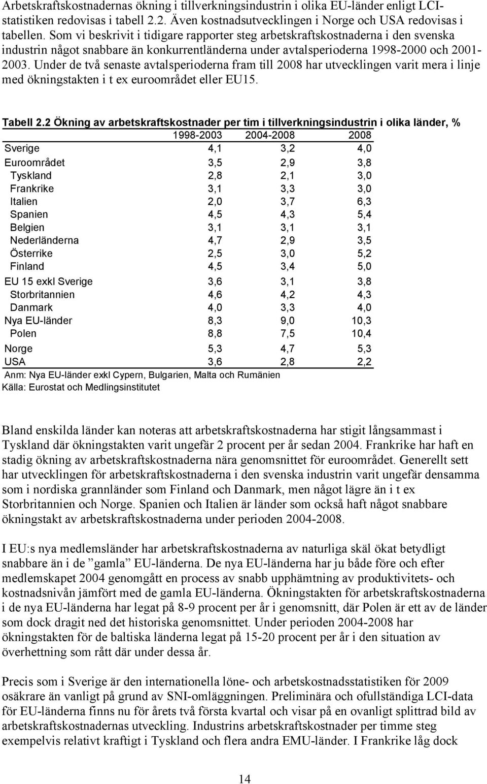 Under de två senaste avtalsperioderna fram till 2008 har utvecklingen varit mera i linje med ökningstakten i t ex euroområdet eller EU15. Tabell 2.