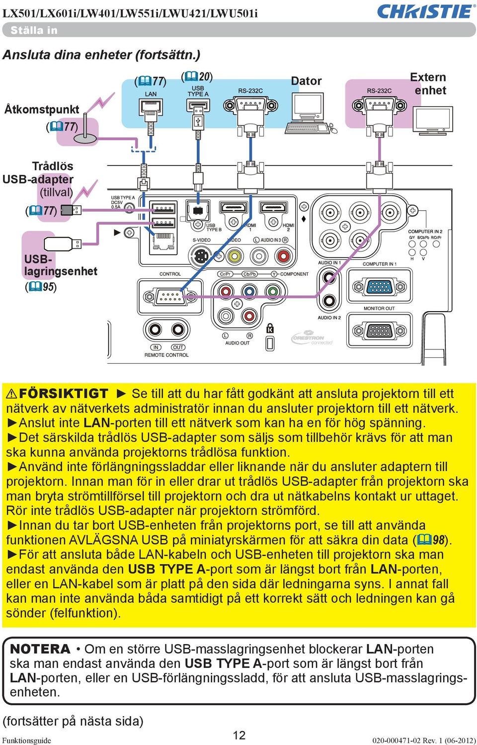 nätverkets administratör innan du ansluter projektorn till ett nätverk. Anslut inte LAN-porten till ett nätverk som kan ha en för hög spänning.