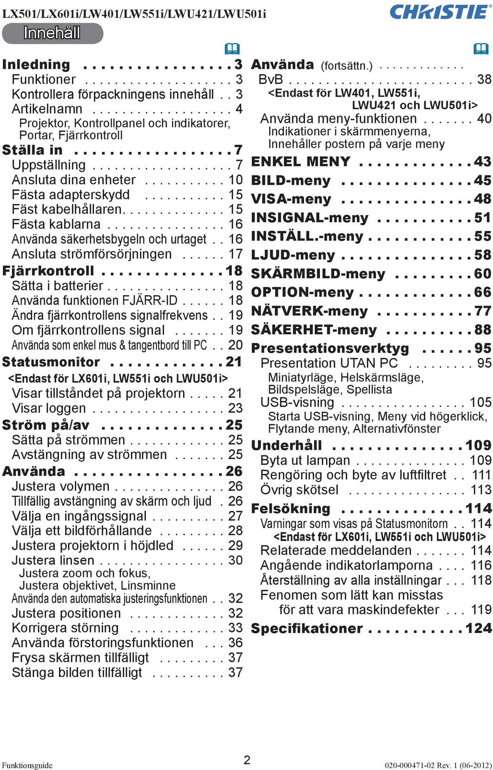 ..40 Portar, Fjärrkontroll Indikationer i skärmmenyerna, Innehåller postern på varje meny Ställa in.................. 7 Uppställning...7 ENKEL MENY... 43 Ansluta dina enheter........... 10 BILD-meny.