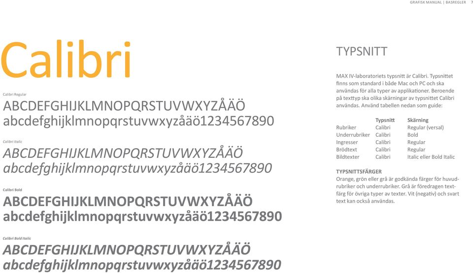 Typsnittet finns som standard i både Mac och PC och ska användas för alla typer av applikationer. Beroende på texttyp ska olika skärningar av typsnittet Calibri användas.