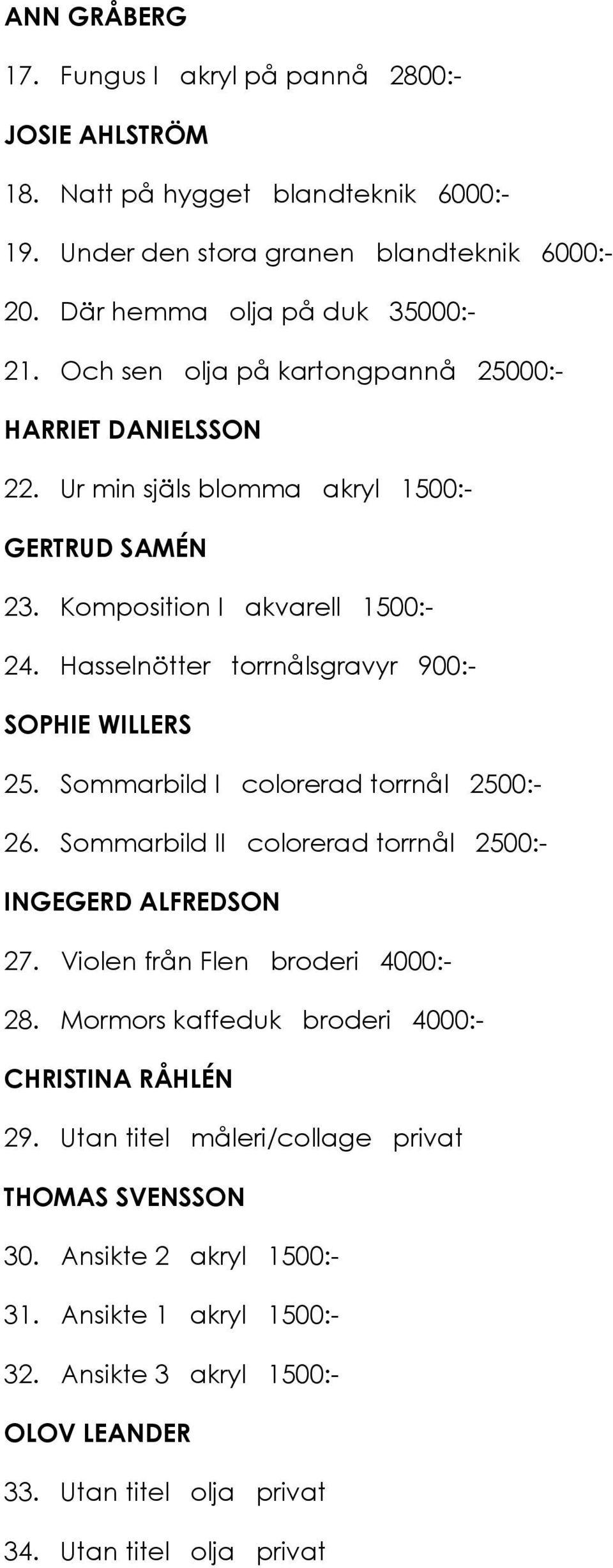 Hasselnötter torrnålsgravyr 900:- SOPHIE WILLERS 25. Sommarbild I colorerad torrnål 2500:- 26. Sommarbild II colorerad torrnål 2500:- INGEGERD ALFREDSON 27. Violen från Flen broderi 4000:- 28.