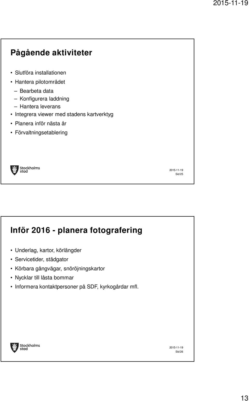 Sid 25 Inför 2016 - planera fotografering Underlag, kartor, körlängder Servicetider, städgator Körbara