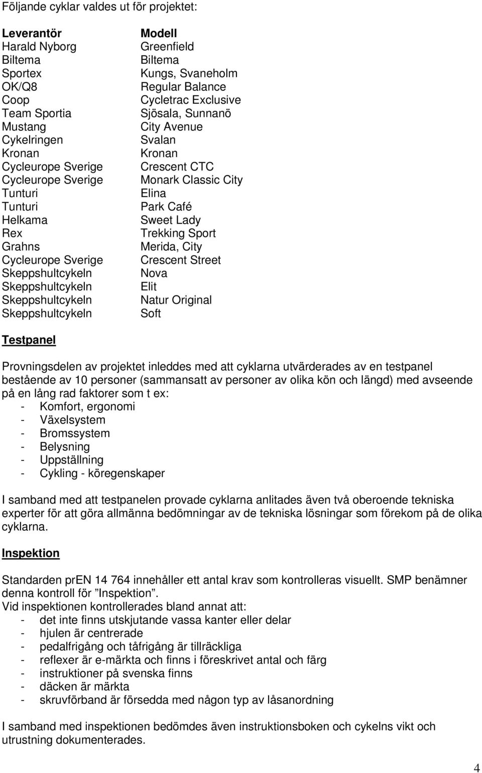 Avenue Svalan Kronan Crescent CTC Monark Classic City Elina Park Café Sweet Lady Trekking Sport Merida, City Crescent Street Nova Elit Natur Original Soft Testpanel Provningsdelen av projektet