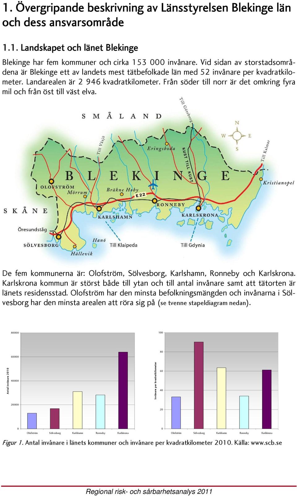 Från söder till norr är det omkring fyra mil och från öst till väst elva. De fem kommunerna är: Olofström, Sölvesborg, Karlshamn, Ronneby och Karlskrona.