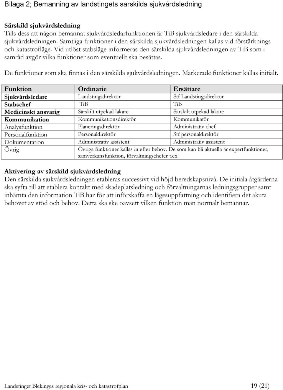 Vid utlöst stabsläge informeras den särskilda sjukvårdsledningen av TiB som i samråd avgör vilka funktioner som eventuellt ska besättas.