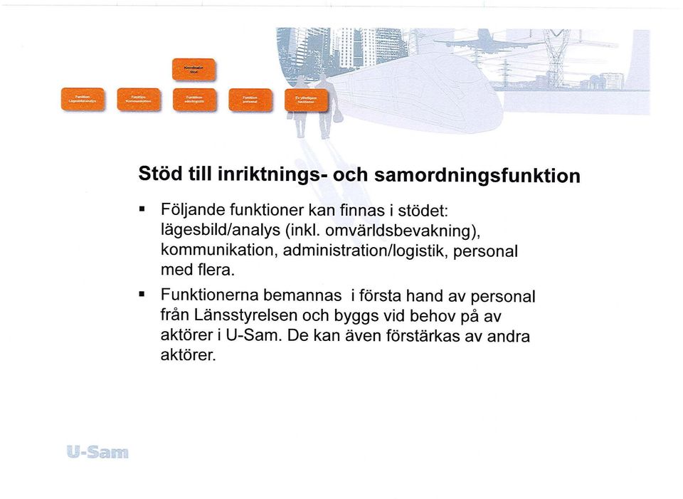 omvärldsbevakning), kommunikation, administration/logistik, personal med flera.