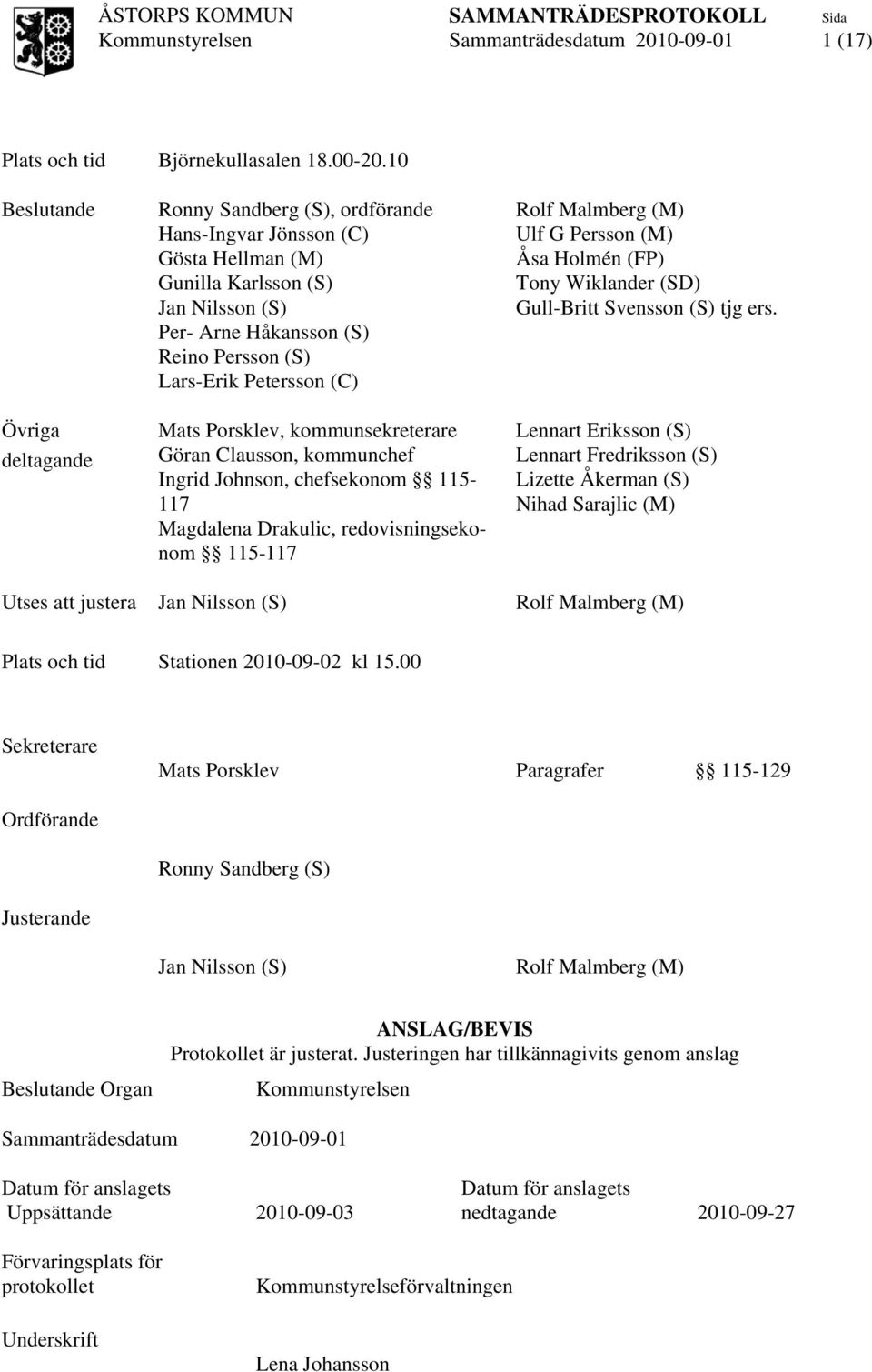 Petersson (C) Mats Porsklev, kommunsekreterare Göran Clausson, kommunchef Ingrid Johnson, chefsekonom 115-117 Magdalena Drakulic, redovisningsekonom 115-117 Rolf Malmberg (M) Ulf G Persson (M) Åsa