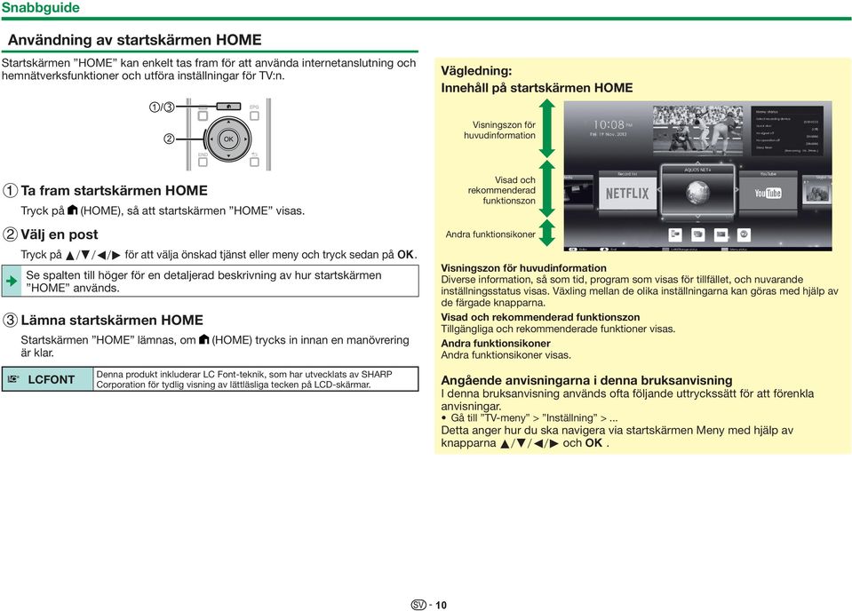 Tryck på a/b/c/d för att välja önskad tjänst eller meny och tryck sedan på ;. Se spalten till höger för en detaljerad beskrivning av hur startskärmen HOME används.