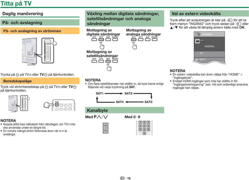 med ;. Kanallista Mottagning av satellitsändningar TV INGÅNG Kopplingsbar Trycka på a på TV:n eller >a på fjärrkontrollen.