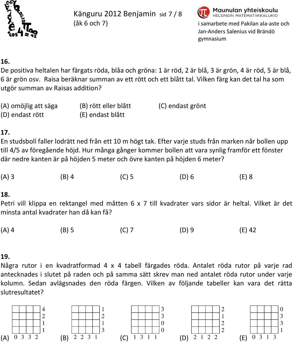 (A) omöjlig att säga (B) rött eller blått (C) endast grönt (D) endast rött (E) endast blått 17. En studsboll faller lodrätt ned från ett 10 m högt tak.