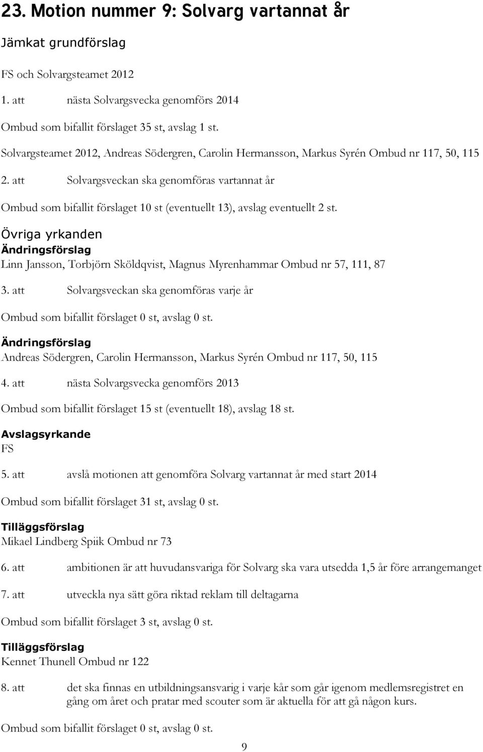 att Solvargsveckan ska genomföras vartannat år Ombud som bifallit förslaget 10 st (eventuellt 13), avslag eventuellt 2 st.