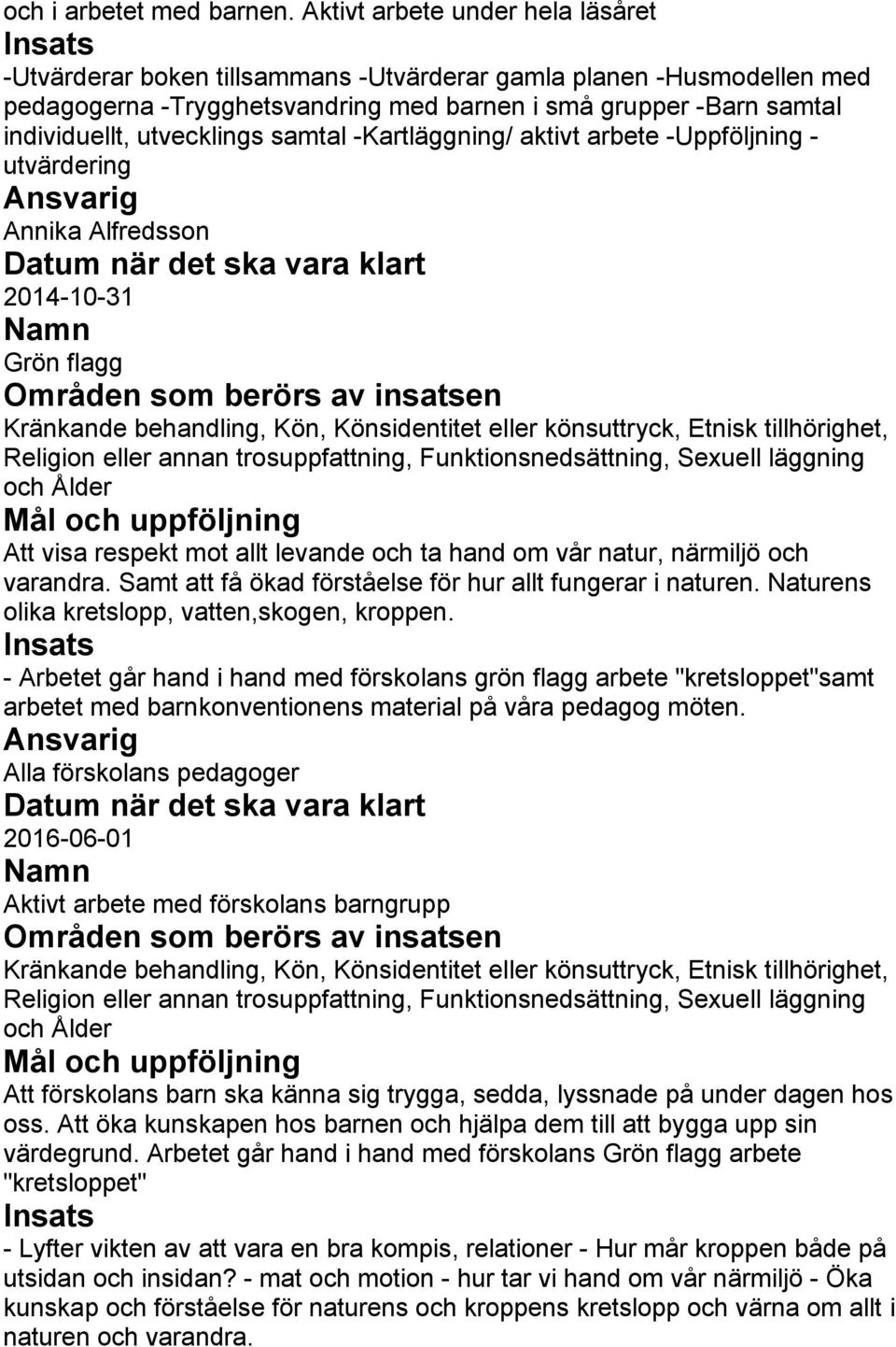 utvecklings samtal -Kartläggning/ aktivt arbete -Uppföljning - utvärdering Ansvarig Annika Alfredsson 2014-10-31 Grön flagg Områden som berörs av insatsen Att visa respekt mot allt levande och ta