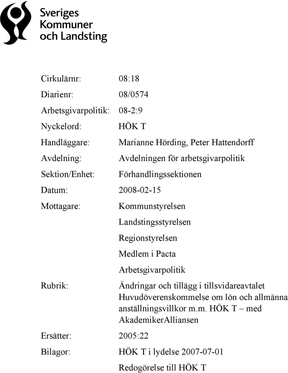 2005:22 Arbetsgivarpolitik Ändringar och tillägg i tillsvidareavtalet Huvudöverenskommelse om lön och