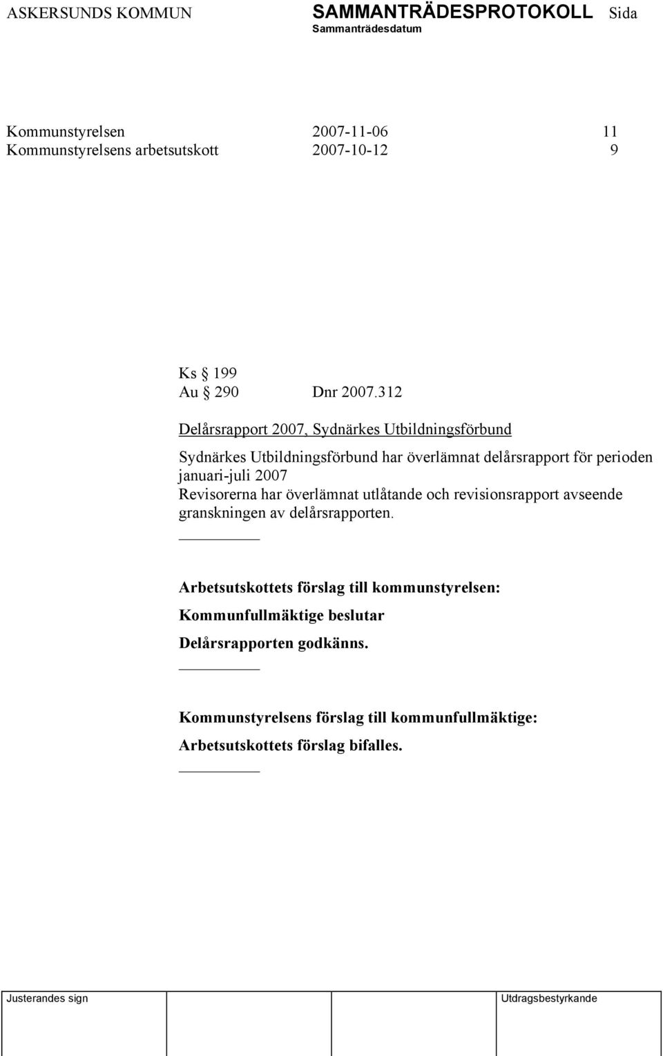 för perioden januari-juli 2007 Revisorerna har överlämnat utlåtande och revisionsrapport avseende granskningen