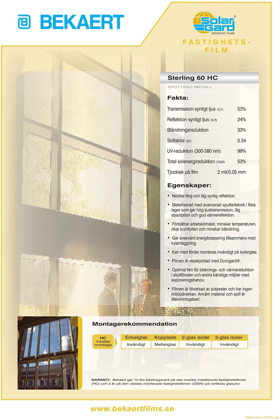 54 Total solenergireduktion (TSER) 53% Optimal film för bleknings- och värmereduktion i