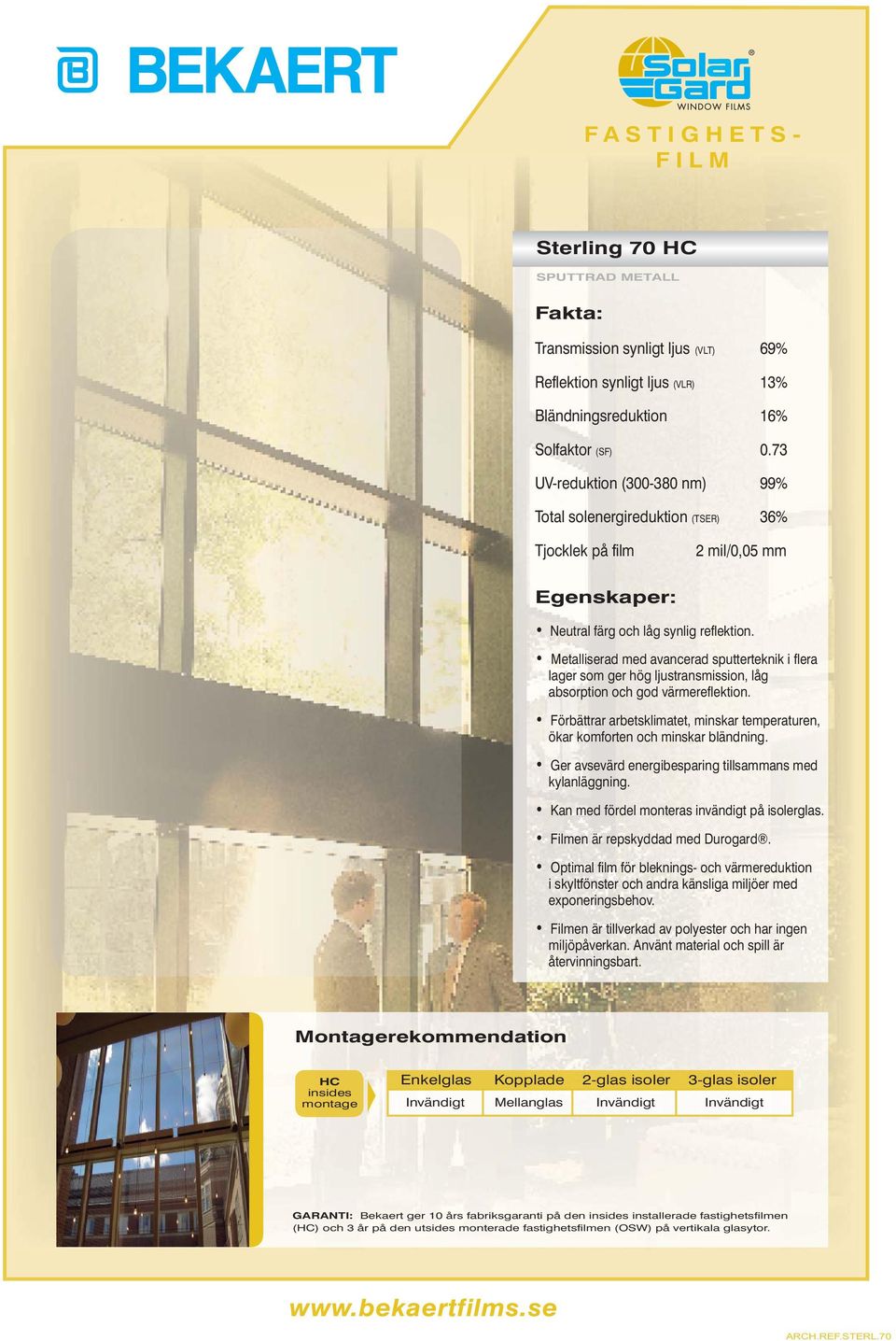73 Total solenergireduktion (TSER) 36% Optimal film för bleknings- och värmereduktion i