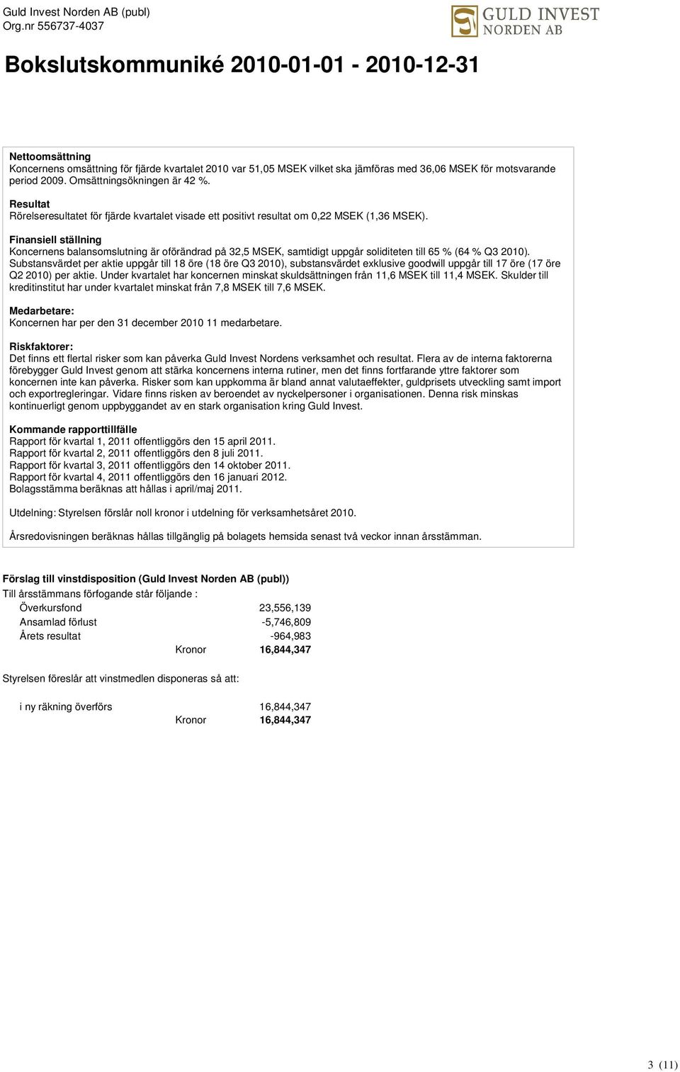 Finansiell ställning Koncernens balansomslutning är oförändrad på 32,5 MSEK, samtidigt uppgår soliditeten till 65 % (64 % Q3 2010).