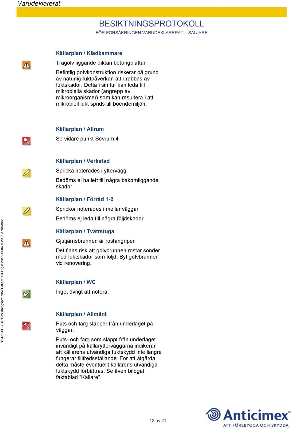 Källarplan / Allrum Se vidare punkt Sovrum 4 Källarplan / Verkstad Spricka noterades i yttervägg Bedöms ej ha lett till några bakomliggande skador Källarplan / Förråd 1-2 Sprickor noterades i