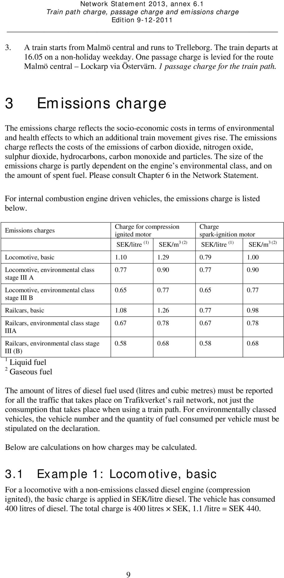 3 Emissions charge The emissions charge reflects the socio-economic costs in terms of environmental and health effects to which an additional train movement gives rise.